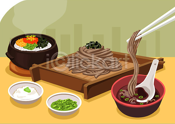 사람없음 AI(파일형식) 일러스트 고추냉이 그릇 나무그릇 냉모밀 메밀 메밀국수 면 면류 숟가락 요리 음식 일본문화 일본음식 장국 젓가락 종지 판모밀