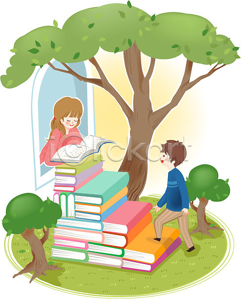 상상 남자 두명 사람 소녀(어린이) 소년 어린이 어린이만 여자 AI(파일형식) 일러스트 계단 교육 나무 독서 미소(표정) 식물 어린이교육 웃음 창문 책