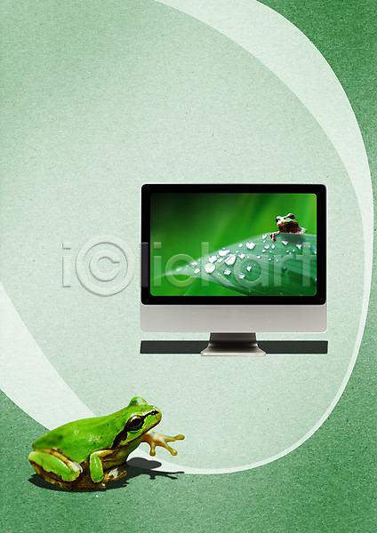 스마트 사람없음 PSD 편집이미지 가전제품 개구리 곤충 동물 두마리 모니터 물방울 스마트기기 스크린 아이맥 양서류 영상 영상물 전자제품 정보기술 컴퓨터 통신기기 풀(식물)