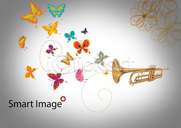 사람없음 PSD 편집이미지 곤충 관악기 금관악기 꽃 나비 나팔 동물 식물 악기 연주 오브젝트 음악 트럼펫