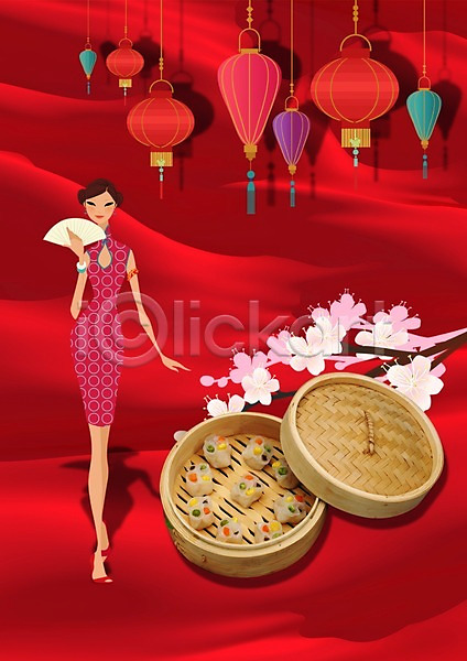사람 여자 여자만 여자한명만 중국인 한명 PSD 편집이미지 꽃 나무 나뭇가지 대나무찜기 들기 딤섬 만두 부채 사색교 샤오마이 서기 요리 원피스 음식 음식전단 장식 전신 조명 중식 찜기