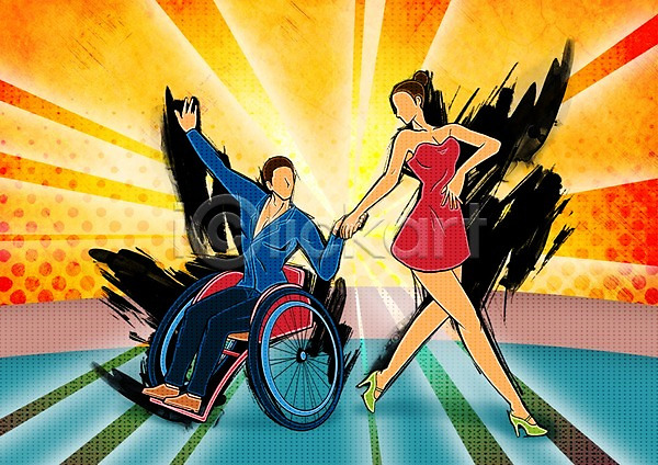 열정 자신감 남자 두명 사람 성인 성인만 여자 PSD 일러스트 댄서 장애인 전신 춤 파이팅 포즈 한국 휠체어