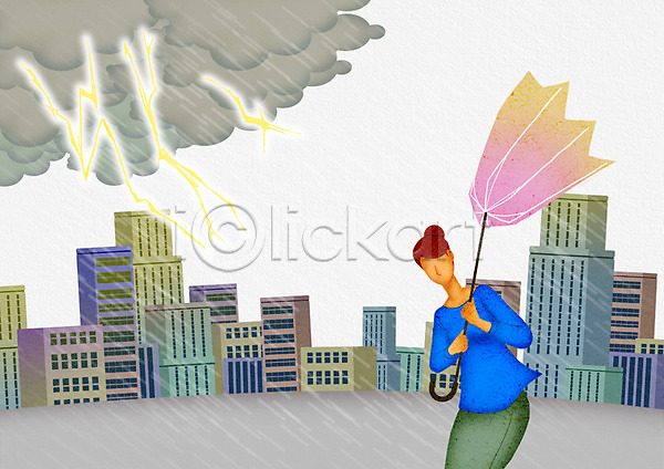 고통 위험 남자 사람 성인 성인만 여자 한명 PSD 일러스트 건물 구름(자연) 먹구름 번개 비(날씨) 빌딩 서기 우산 자연 자연재해 자연현상 재해 폭풍 폭풍우 피해