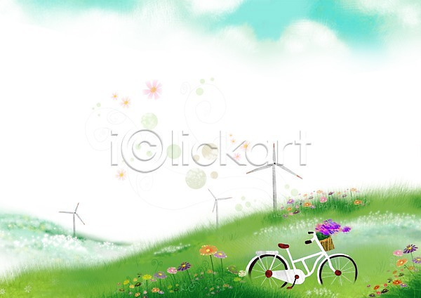 사람없음 PSD 일러스트 계절 교통 교통수단 꽃 백그라운드 봄 봄배경 사계절 식물 자전거 초원(자연) 풍경(경치) 풍차