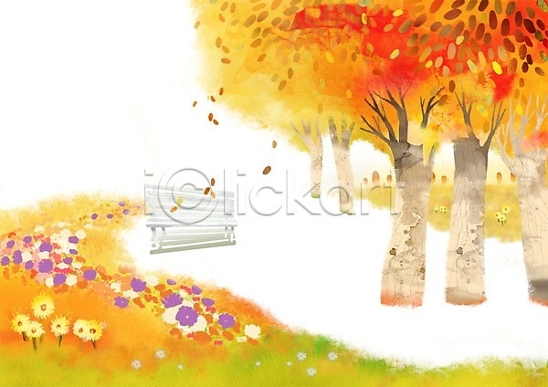 사람없음 PSD 일러스트 가을(계절) 가을배경 계절 공원 꽃 나무 나뭇잎 단풍 단풍나무 백그라운드 벤치 사계절 식물 의자 잎 풍경(경치)