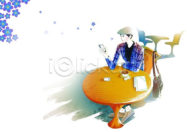 남자 남자만 남자한명만 사람 성인 성인남자만 성인만 한명 PSD 일러스트 가방 꽃 라이프 라이프스타일 맨라이프 모델 모자(잡화) 미소(표정) 식물 앉기 웃음 의자 잔 찻잔 카페 커피 커피잔 컵 탁자 패션 포즈