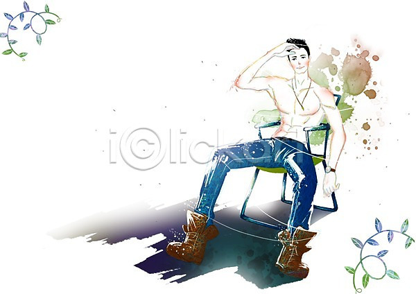 휴식 남자 남자만 남자한명만 사람 성인 성인남자만 성인만 한명 PSD 일러스트 근육 라이프 라이프스타일 맨라이프 모델 미소(표정) 부츠 식물 앉기 웃음 의자 잎 전신 패션 포즈