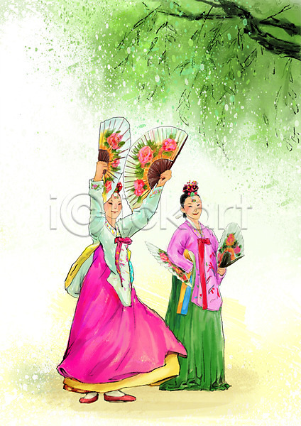 두명 사람 성인 성인만 성인여자만 여자 여자만 PSD 일러스트 나무 나뭇가지 백그라운드 부채 부채춤 서기 식물 아시아 전신 전통 전통무용 전통문화 전통의상 족두리 춤 포즈 한국 한국무용 한국문화 한국전통 한복