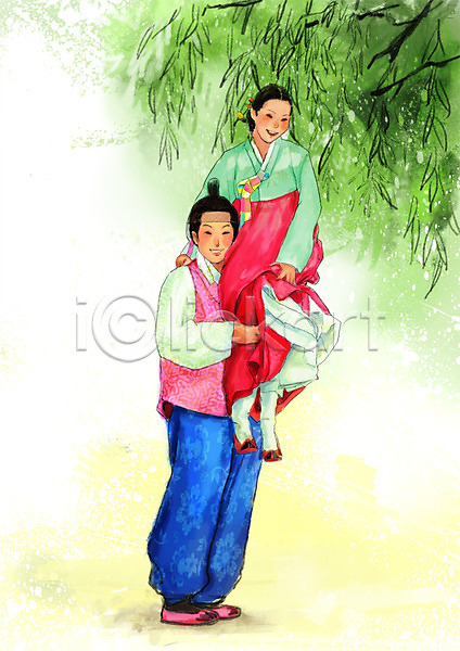 남자 두명 사람 성인 성인만 여자 PSD 일러스트 나무 나뭇가지 미소(표정) 백그라운드 서기 식물 신랑 신부(웨딩) 아시아 안기 웃음 전신 전통 전통문화 전통의상 한국 한국문화 한국전통 한복