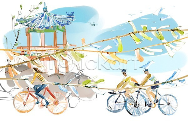 여유 이동 휴식 남자 사람 여러명 여자 PSD 일러스트 교통수단 길 신록사 여행 육상교통 자전거 자전거길 자전거여행 정자(건축물) 휴식처