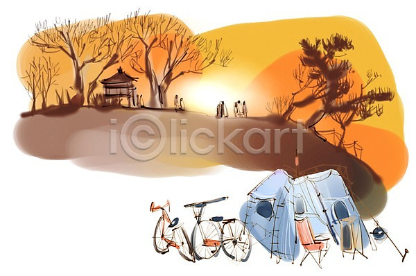 여유 이동 휴식 남자 사람 여러명 여자 PSD 일러스트 교통수단 길 나무 식물 여행 육상교통 자전거 자전거길 자전거여행 캠핑 캠핑장 텐트