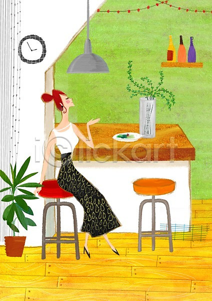 사람 여자 여자만 여자한명만 한명 PSD 일러스트 초크일러스트 그릇 꽃병 백그라운드 벽시계 병(담는) 샐러드 시간 시계 식물 식탁 안식처 앉기 의자 인테리어 전신 접시 조명 주방 초크아트 화분