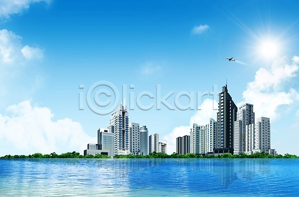 사람없음 3D PSD 입체 편집이미지 건물 건축물 고층빌딩 교통 교통수단 구름(자연) 도시 도시풍경 바다 비행기 빌딩 태양 편집 풍경(경치) 하늘 해