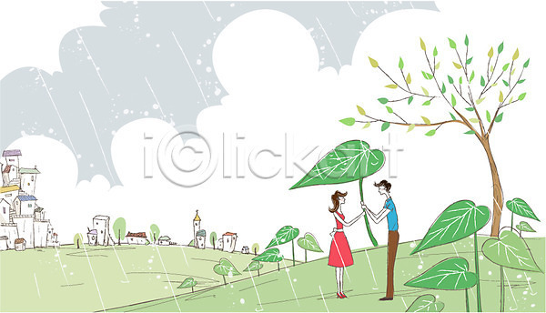 다정 사랑 행복 남자 두명 사람 여자 AI(파일형식) 일러스트 건물 구름(자연) 나무 나뭇잎 데이트 미소(표정) 비(날씨) 빌딩 빗방울 식물 쌍 우산 웃음 잎 주택 커플 하늘 한쌍