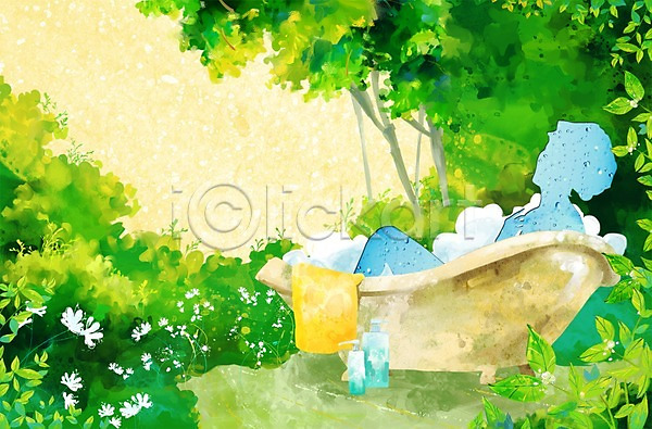 사람 여자 여자만 여자한명만 한명 PSD 실루엣 일러스트 그림자 꽃 나무 네이처 리빙 목욕 반신욕 수건 숲속 식물 욕조 잎 자연