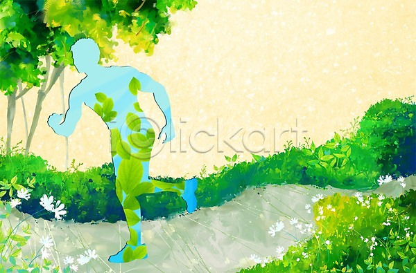 남자 남자만 남자한명만 사람 한명 PSD 실루엣 일러스트 그림자 꽃 나무 네이처 달리기 리빙 식물 운동 잎 자연 조깅