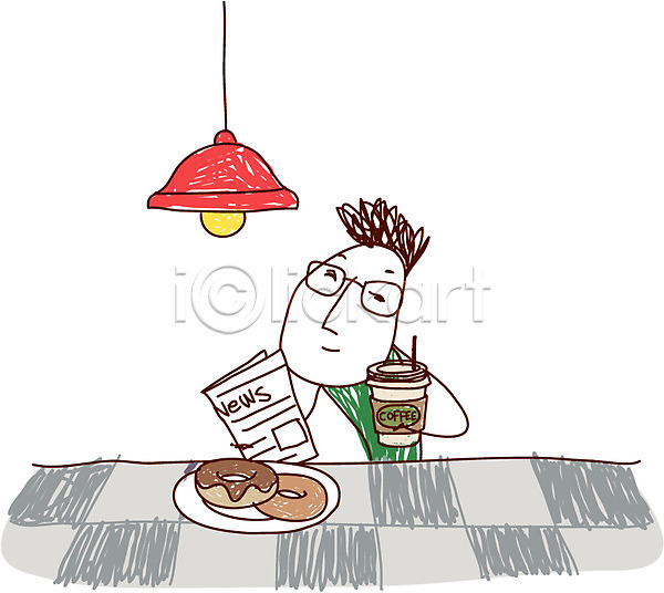 남자 남자만 남자한명만 사람 한명 AI(파일형식) 일러스트 도넛 디저트 라이프 라이프스타일 맨라이프 미소(표정) 빵 신문 신문읽기 앉기 웃음 음식 일상 조명 취미 커피