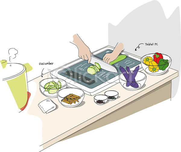 신체부위 한명 AI(파일형식) 일러스트 가지 교육 그릇 냄비 도마(주방용품) 백그라운드 손 스크린 식재료 식칼 오이 온라인강의 요리 전자제품 주방용품 채소 칼 컴퓨터 태블릿 터치 파프리카 피망