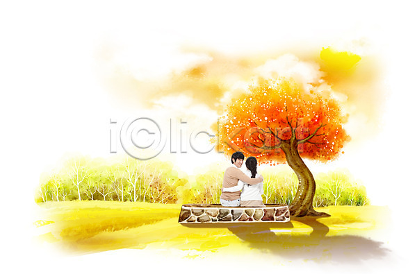 즐거움 남자 동양인 두명 사람 성인 성인만 여자 한국인 PSD 뒷모습 편집이미지 가을(계절) 가을풍경 계절 나무 단풍 단풍나무 데이트 뒤돌아보기 미소(표정) 상반신 손짓 앉기 어깨동무 웃음 의자 커플