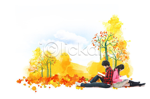 남자 두명 사람 성인 성인만 여자 PSD 옆모습 편집이미지 가을(계절) 가을풍경 계절 기댐 나무 낙엽 단풍 단풍나무 독서 앉기 전신 책 친구 커플