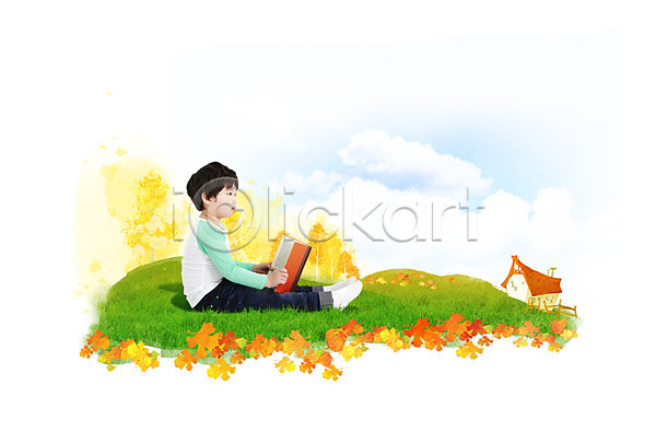 남자 남자만 남자한명만 동양인 사람 소년 소년만 소년한명만 어린이 어린이만 한국인 한명 PSD 옆모습 편집이미지 가을(계절) 가을풍경 건물 계절 구름(자연) 낙엽 단풍 독서 들기 앉기 응시 잎 잔디 전신 주택 책