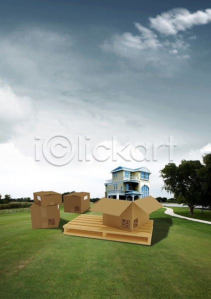 사람없음 3D PSD 편집이미지 구름(자연) 나무 백그라운드 상자 식물 이사 이삿짐 잔디 주택 짐 초원(자연) 편집 풀(식물) 하늘