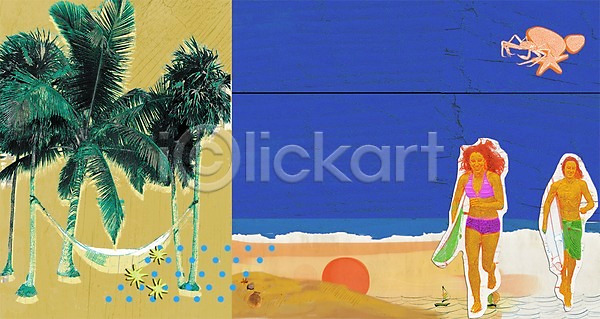 특별함 남자 두명 사람 여자 PSD 일러스트 계절 나무 모래사장 미소(표정) 바다 바캉스 백그라운드 서기 식물 쌍 야자수 여름(계절) 여름휴가 웃음 전신 커플 팝아트 퓨전 한쌍 해변 휴가