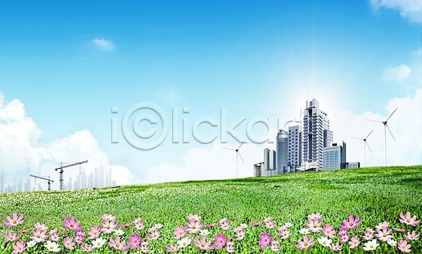 사람없음 3D PSD 편집이미지 건물 구름(자연) 꽃 꽃밭 도시풍경 빌딩 식물 언덕 에너지 잔디 코스모스(꽃) 편집 풍경(경치) 풍력기 풍력에너지 하늘