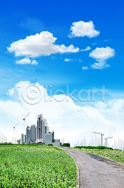 사람없음 3D PSD 편집이미지 거리 건물 구름(자연) 길 도시풍경 맑음 빌딩 식물 에너지 편집 풀(식물) 풍경(경치) 풍력에너지 하늘
