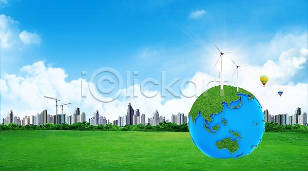 사람없음 3D PSD 편집이미지 건물 구름(자연) 도시 도시풍경 빌딩 에너지 열기구 잔디 지구 초록색 초원(자연) 편집 풀(식물) 풍경(경치) 풍력기 풍력에너지 하늘 환경