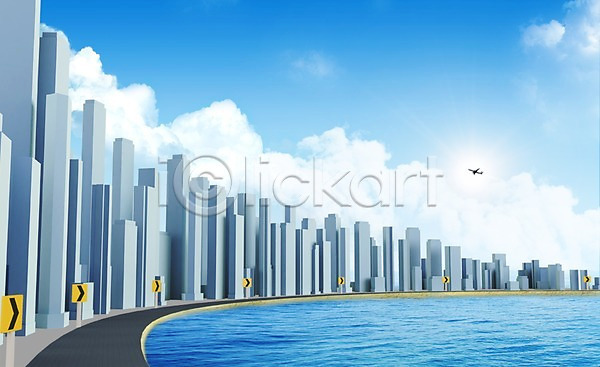 사람없음 3D PSD 편집이미지 강 거리 건물 교통수단 구름(자연) 길 도로 비행기 빌딩 팻말 편집 표시 하늘