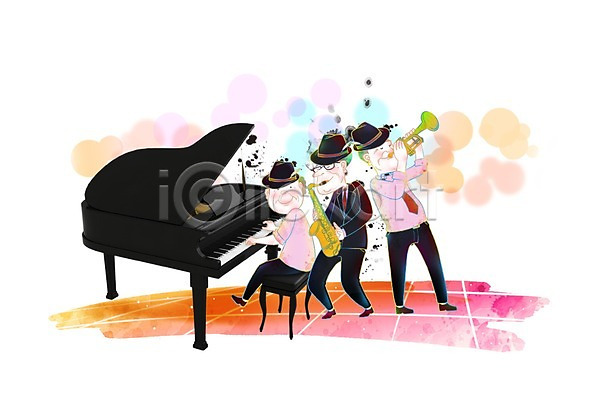 남자 남자만 사람 성인 성인남자만 성인만 세명 3D PSD 편집이미지 건반 건반악기 관악기 그랜드피아노 색소폰 악기 연주 웃음 음악 트럼펫 편집 피아노(악기)