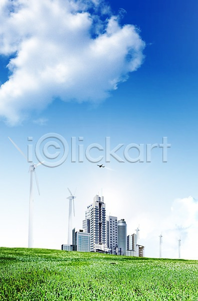환경보전 사람없음 3D PSD 편집이미지 건물 구름(자연) 도시 도시풍경 비행기 빌딩 에너지 잔디 초록색 초원(자연) 편집 풀(식물) 풍력기 풍력에너지 하늘