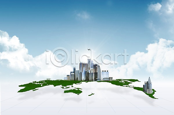 환경보전 사람없음 3D PSD 편집이미지 건물 구름(자연) 비행기 빌딩 세계지도 잔디 지도 초록색 편집 하늘