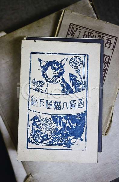 빈티지 사람없음 JPG 포토 하이앵글 고서 고양이 그림 동물라이프 문학 반려 백그라운드 서점 실내 아시아 오브젝트 일본 책 탁자 해외