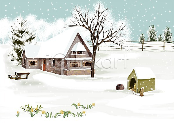 추위 사람없음 PSD 일러스트 개집 건물 겨울 겨울배경 계절 꽃 나무 눈(날씨) 눈내림 백그라운드 사계절 설원 식물 울타리 주택 풍경(경치)