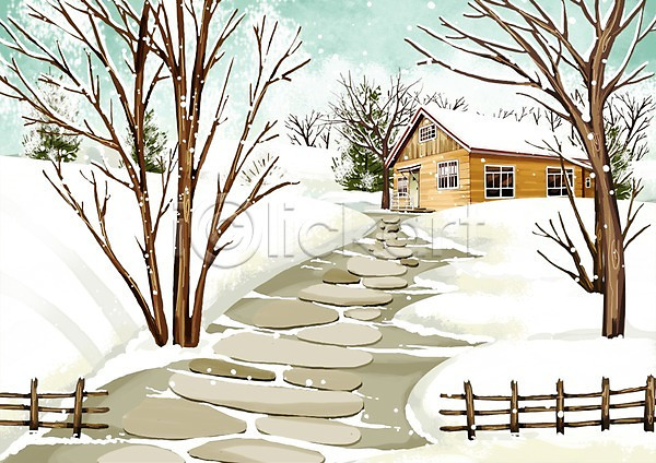 추위 사람없음 PSD 일러스트 건물 겨울 겨울배경 계절 길 나무 눈(날씨) 눈내림 돌길 백그라운드 사계절 설원 식물 울타리 주택 풍경(경치)