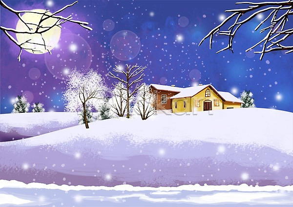 추위 사람없음 PSD 일러스트 건물 겨울 겨울배경 계절 나무 눈(날씨) 눈내림 달 백그라운드 보름달 사계절 설원 식물 주택 풍경(경치)