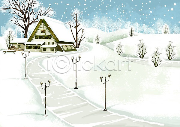 추위 사람없음 PSD 일러스트 가로등 거리 건물 겨울 겨울배경 계절 길 나무 눈(날씨) 눈내림 백그라운드 사계절 설원 식물 조명 주택 풍경(경치)