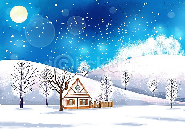 추위 사람없음 PSD 일러스트 건물 겨울 겨울배경 계절 나무 눈(날씨) 눈내림 달 백그라운드 보름달 사계절 설원 식물 주택 풍경(경치)