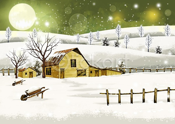 추위 사람없음 PSD 일러스트 건물 겨울 겨울배경 계절 나무 눈(날씨) 눈내림 달 백그라운드 보름달 사계절 설원 수레 식물 울타리 주택 풍경(경치)