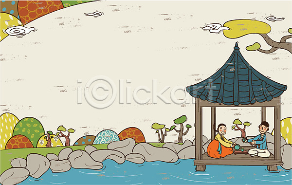 과거 즐거움 남자 두명 사람 여자 AI(파일형식) 일러스트 나무 돌(바위) 문화 바위(돌) 백그라운드 식물 앉기 연못 전신 전통 전통문화 전통의상 정자(건축물) 차(음료) 한국문화 한국전통 한복