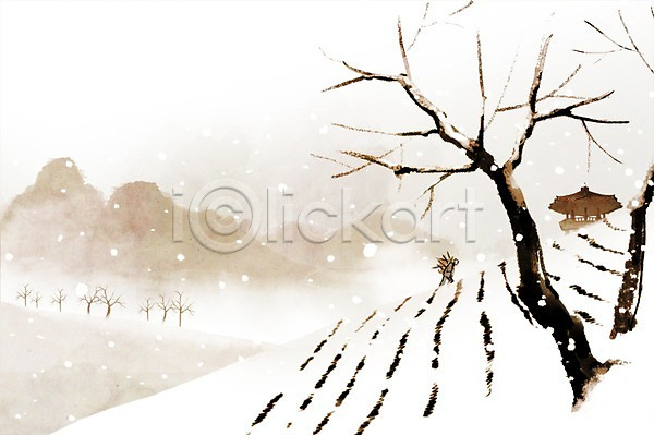 사람 한명 PSD 일러스트 겨울 겨울배경 계절 나무 눈(날씨) 눈내림 백그라운드 산 산수화 승려 식물 안개 자연 캘리그라피 캘리배경 풍경(경치)