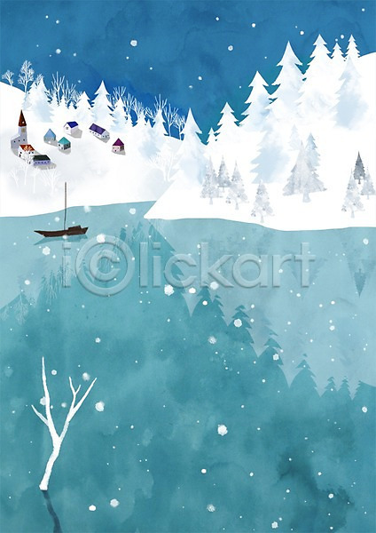 추위 사람없음 PSD 일러스트 겨울 겨울배경 계절 나무 눈(날씨) 눈내림 마을 배(교통) 백그라운드 사계절 식물 주택 풍경(경치) 호수