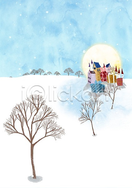 추위 사람없음 PSD 일러스트 겨울 겨울배경 계절 나무 눈(날씨) 눈내림 달 마을 백그라운드 보름달 사계절 식물 주택 풍경(경치)