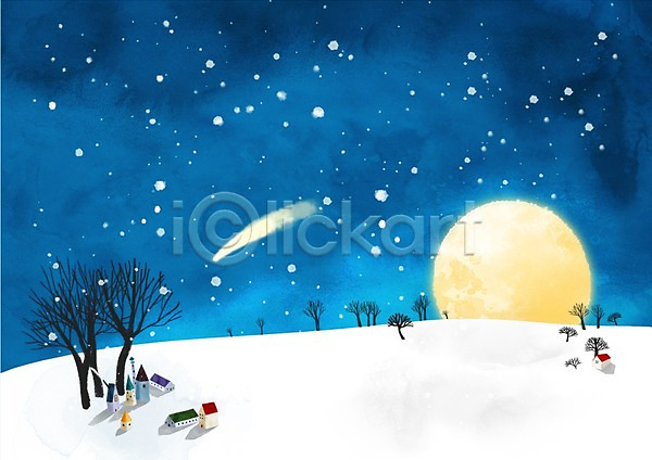 추위 사람없음 PSD 일러스트 겨울 겨울배경 계절 나무 눈(날씨) 눈내림 달 백그라운드 보름달 사계절 식물 주택 풍경(경치)