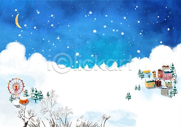 추위 사람없음 PSD 일러스트 겨울 겨울배경 계절 나무 눈(날씨) 눈내림 눈사람 달 대관람차 마을 백그라운드 사계절 식물 주택 초승달 풍경(경치)