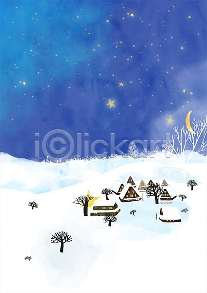 추위 사람없음 PSD 일러스트 겨울 겨울배경 계절 나무 눈(날씨) 눈내림 달 마을 백그라운드 별 사계절 식물 주택 초승달 풍경(경치)