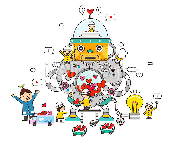 과정 복잡 분석 사랑 상상 사람 어린이 여러명 유치원생 AI(파일형식) 일러스트 공장 교통 교통수단 꿈 로봇 미소(표정) 웃음 자동차 전구 조명 차(자동차) 트럭 판타지 하트
