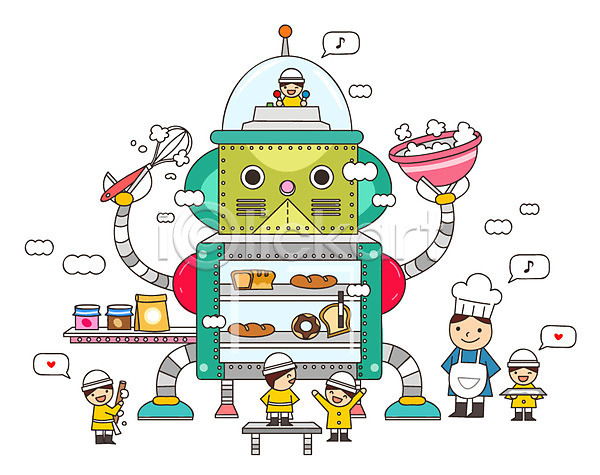 과정 복잡 분석 상상 사람 어린이 여러명 유치원생 AI(파일형식) 일러스트 4차산업 거품기 공장 꿈 디저트 로봇 미소(표정) 밀가루 빵 빵집 웃음 음식 잼 제빵사 판타지